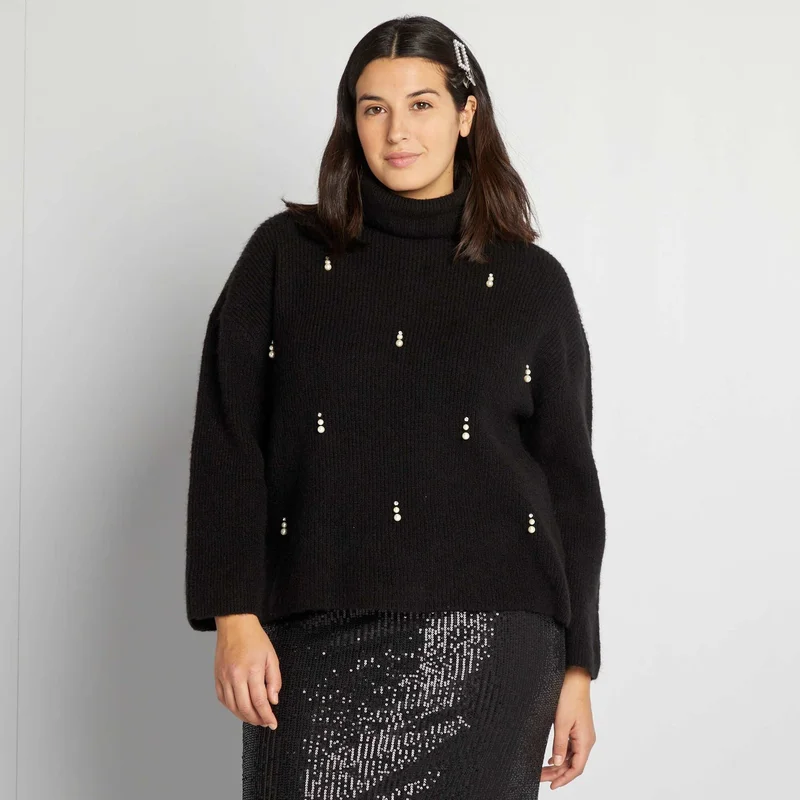 Kiabi Knitted Roll Neck Jumper With Pretty Beading Black