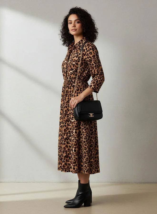 Splash FAV Midi Cotton Shirt Dress with Animal Print