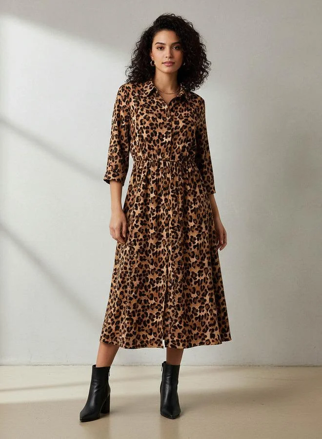 Splash FAV Midi Cotton Shirt Dress with Animal Print