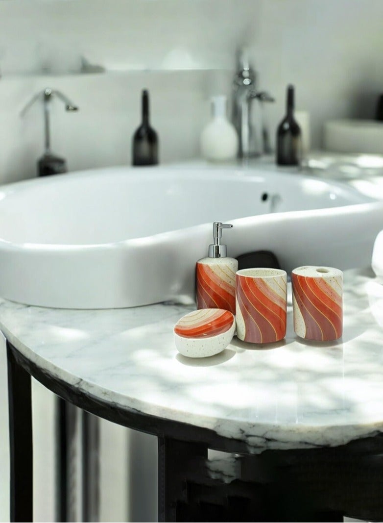 4 Pieces Bathroom Accessories Set Toothbrush Cup & Holder Lotion Liquid Soap Dispenser & Tray Red 21x26x9cm