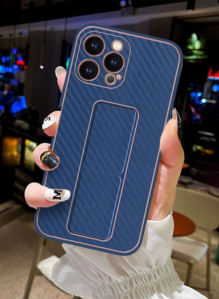 CATANES iPhone 12 Pro Max Carbon Fiber Texture Case Cover with Finger Grip Loop and Foldable Stand Blue  - Image 3