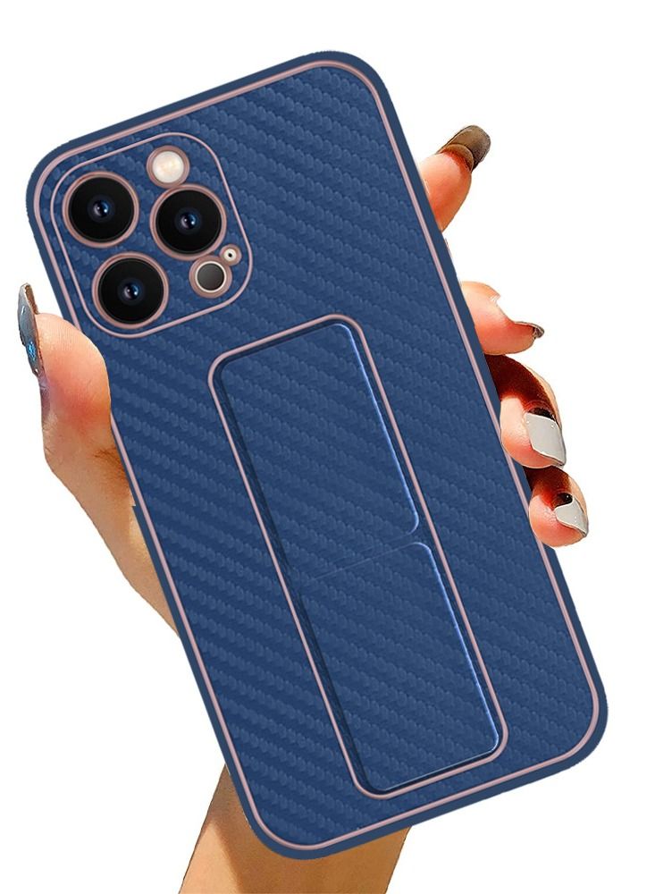 CATANES iPhone 12 Pro Max Carbon Fiber Texture Case Cover with Finger Grip Loop and Foldable Stand Blue  - Image 4