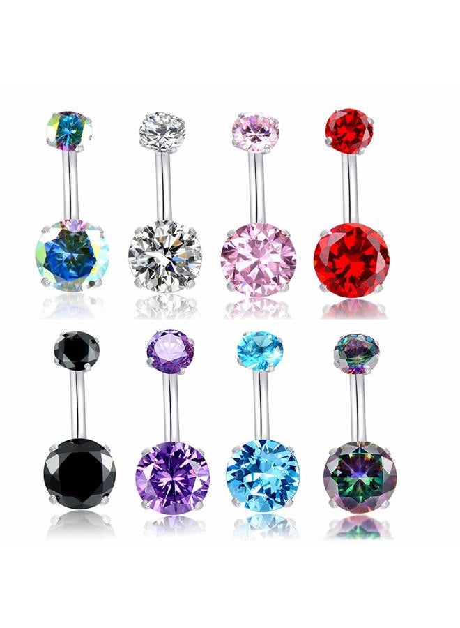 HQLA 14G Belly Button Rings Surgical Stainless Steel Round Cubic Zirconia Navel Barbell Stud Body Piercing (8Pcs) - Image 1