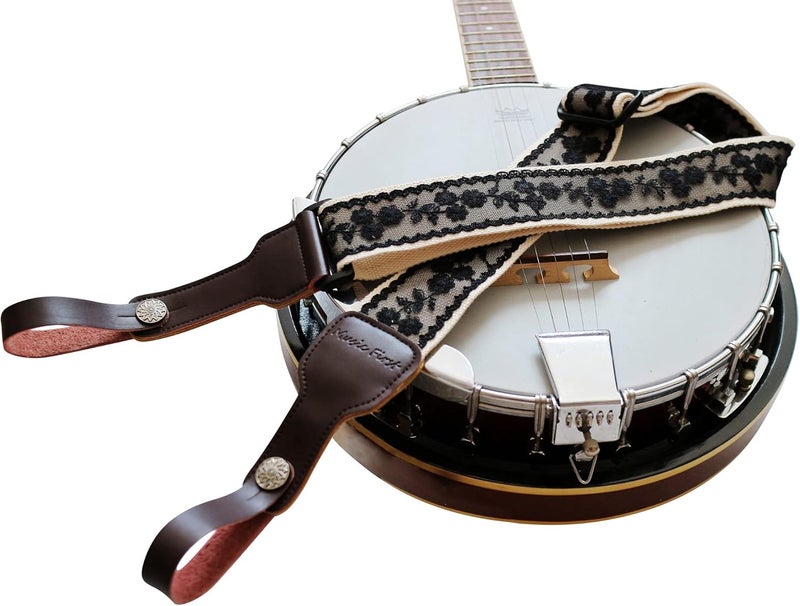 MUSIC FIRST Original Design, 2 inch width (5cm), Padded, Black Cool & Vintage"Lace" Soft Lace & Genuine Leather Delux Banjo Strap, With 2 pieces of Leather Strap Locker. - Image 2