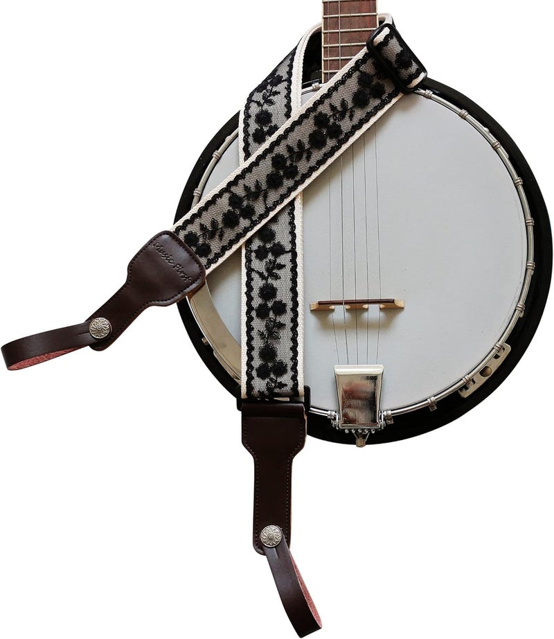 MUSIC FIRST Original Design, 2 inch width (5cm), Padded, Black Cool & Vintage"Lace" Soft Lace & Genuine Leather Delux Banjo Strap, With 2 pieces of Leather Strap Locker. - Image 1