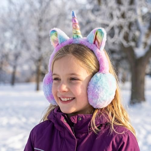 BUTITNOW Cute Rainbow Unicorn Earmuffs for Kids Girls, Foldable Warm Soft Plush Outdoor Winter Ear Warmers Age 7-15 Years - Image 3