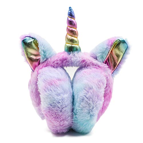 BUTITNOW Cute Rainbow Unicorn Earmuffs for Kids Girls, Foldable Warm Soft Plush Outdoor Winter Ear Warmers Age 7-15 Years - Image 1