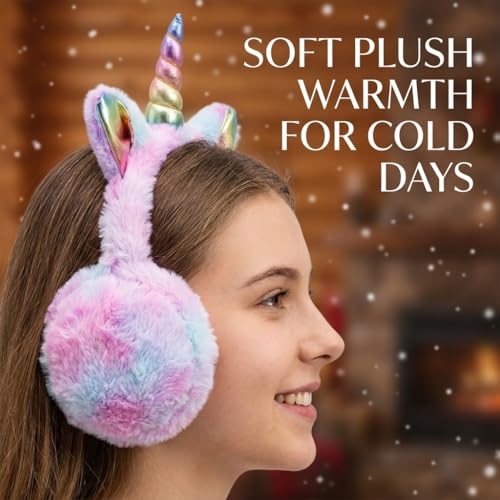 BUTITNOW Cute Rainbow Unicorn Earmuffs for Kids Girls, Foldable Warm Soft Plush Outdoor Winter Ear Warmers Age 7-15 Years - Image 4