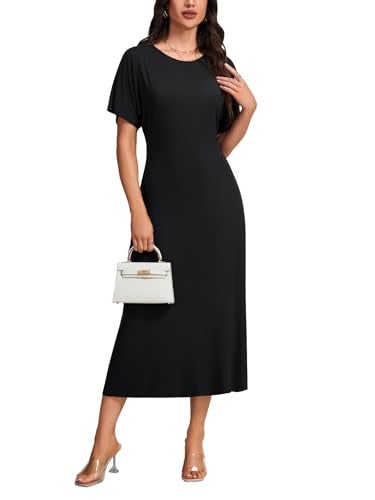 Rooscier Women's Ruffle Short Sleeve Crew Neck Slit Hem Slim Fit Basic Long Dress Black Medium - Image 2