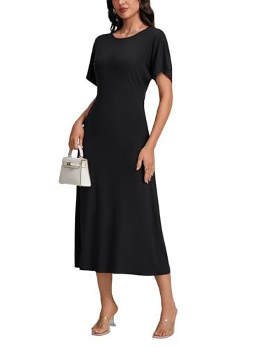Rooscier Women's Ruffle Short Sleeve Crew Neck Slit Hem Slim Fit Basic Long Dress Black Medium - Image 3