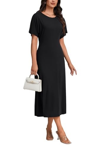 Rooscier Women's Ruffle Short Sleeve Crew Neck Slit Hem Slim Fit Basic Long Dress Black Medium - Image 4