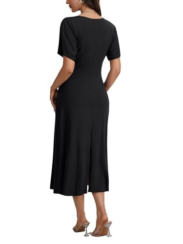 Rooscier Women's Ruffle Short Sleeve Crew Neck Slit Hem Slim Fit Basic Long Dress Black Medium - Image 5