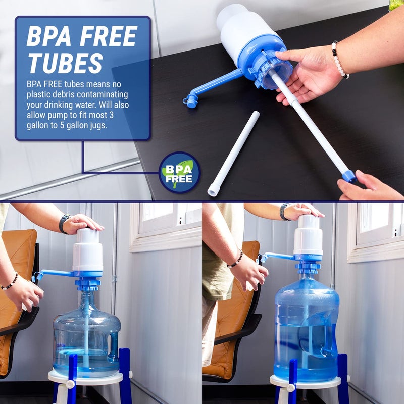 Dolphin Water Pump Dolphin Manual Water Pump for 2 to 6 Gallon Bottles, Blue Manual Hand Pressure Water Dispenser, Secure Fit on Crown Top Jugs, 3 Tube Lengths, Sanitary Cap (Free of BPA)  - Image 5