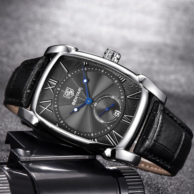 BY BENYAR BENYAR Waterproof Classic Rectangle Case Vintage Design Watches Leather Strap Business Casual Wrist Watch for Men (Black-B) - Image 2