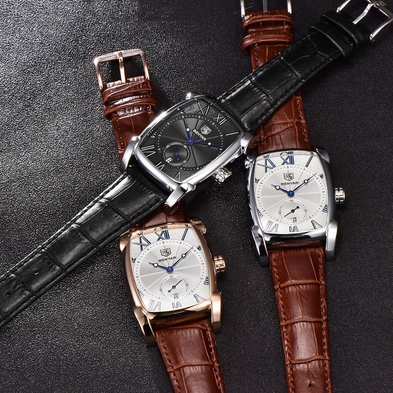 BY BENYAR BENYAR Waterproof Classic Rectangle Case Vintage Design Watches Leather Strap Business Casual Wrist Watch for Men (Black-B) - Image 3