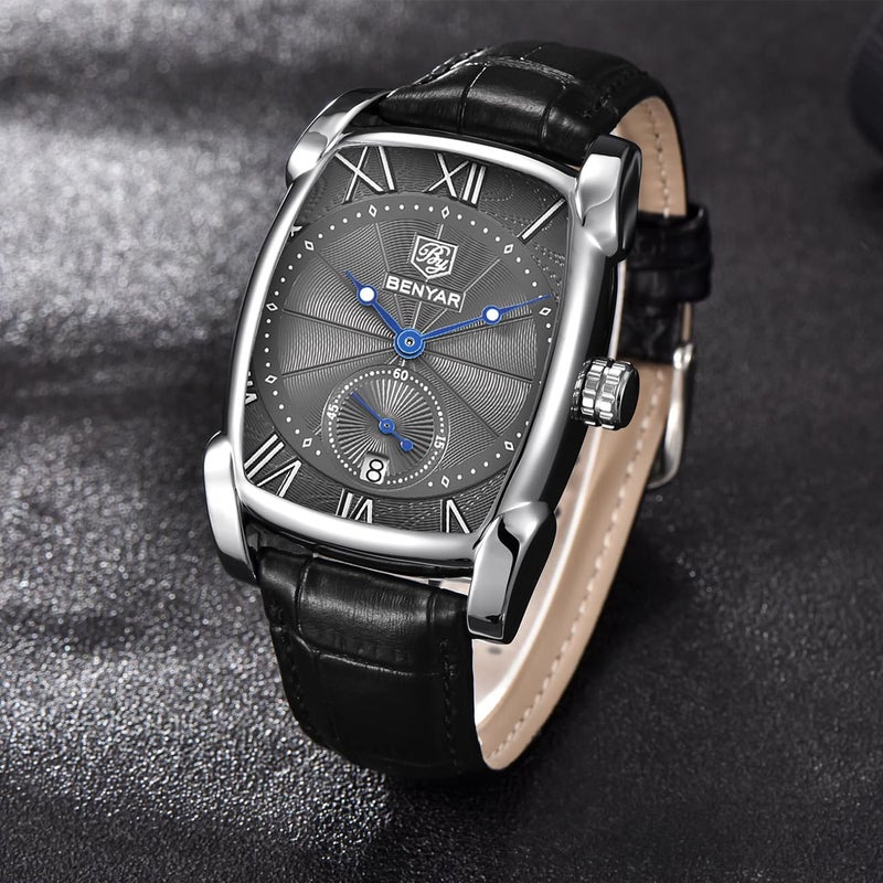 BY BENYAR BENYAR Waterproof Classic Rectangle Case Vintage Design Watches Leather Strap Business Casual Wrist Watch for Men (Black-B) - Image 4