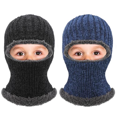 Jeere 2 Pcs Winter Ski Mask for Kids Face Cover Knitted Balaclava Ski Plush Mask for Boys Outdoor Sport Bike Cycling(Black and Navy Blue) - Image 1