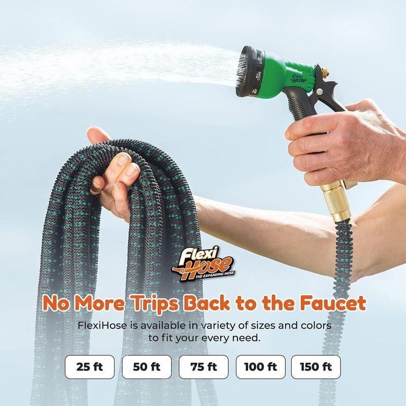 Flexi Hose خرطوم فليكسي مع فوهة 8 وظائف، 50 قدم - خرطوم حديقة قابل للتمدد خفيف الوزن، مرونة لا تلتوي، تركيبات نحاس أصفر متين 3/4 بوصة ولب مزدوج من اللاتكس - أسود وأخضر - Image 2