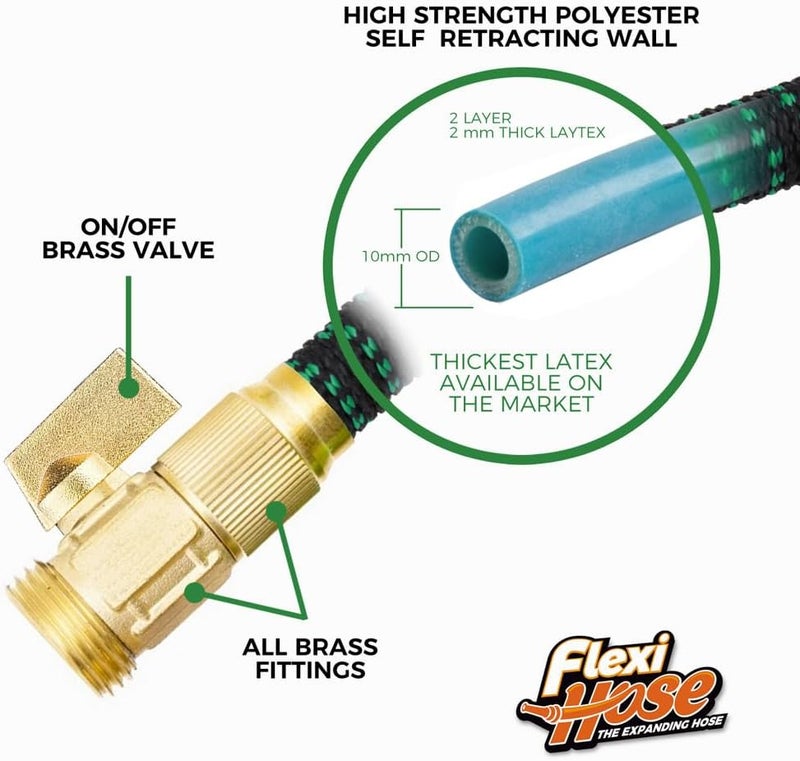 Flexi Hose خرطوم فليكسي مع فوهة 8 وظائف، 50 قدم - خرطوم حديقة قابل للتمدد خفيف الوزن، مرونة لا تلتوي، تركيبات نحاس أصفر متين 3/4 بوصة ولب مزدوج من اللاتكس - أسود وأخضر - Image 4