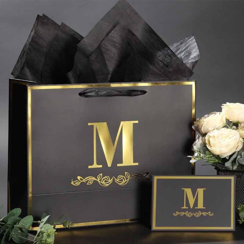 momoake Alphabet Birthday Gift Bag With Card And Tissue Paper For Men Women  13"" Large Black Gold Personalized Bridal Party Gift Paper Bag For Gifts Wrapping - (Letter M) - Image 5