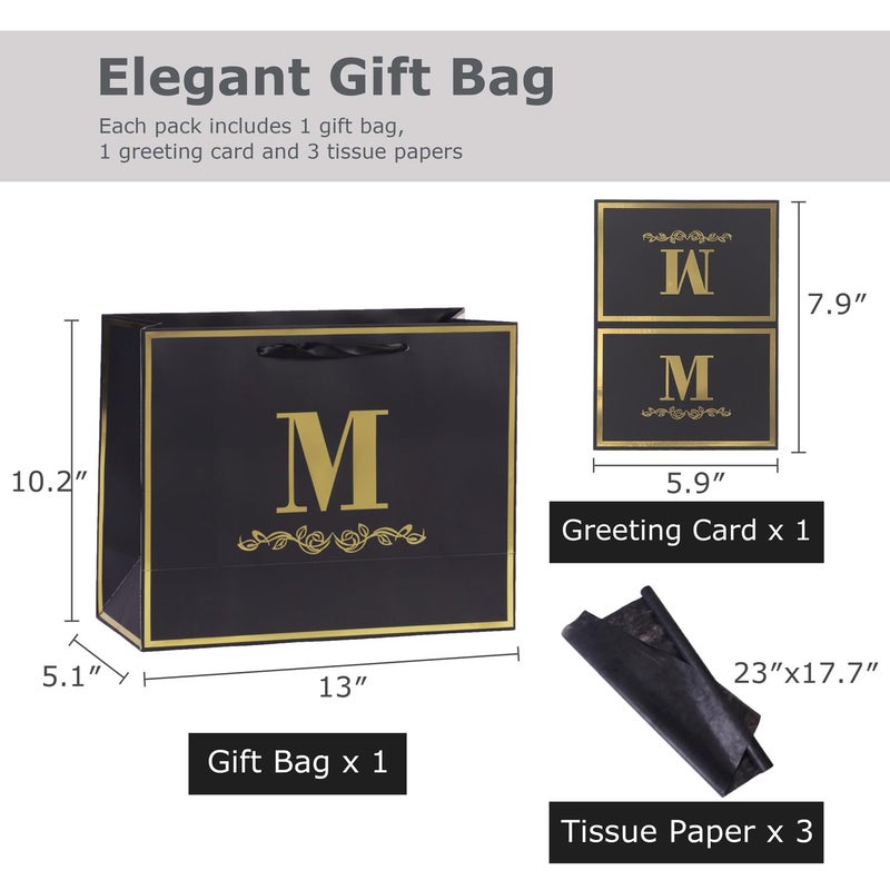momoake Alphabet Birthday Gift Bag With Card And Tissue Paper For Men Women  13"" Large Black Gold Personalized Bridal Party Gift Paper Bag For Gifts Wrapping - (Letter M) - Image 2