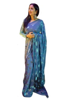 Grey Georgette Saree With Blue Sequence Work And Piping Finish Plus Unstitched Blouse