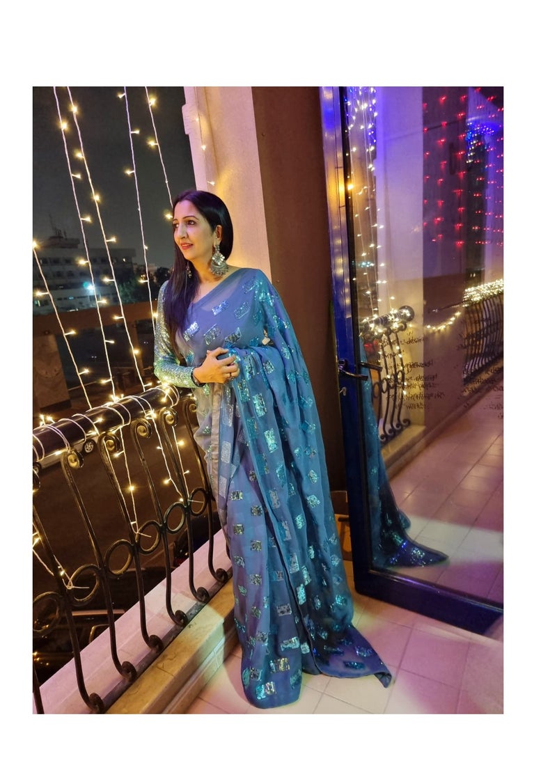 Grab Mantra - Grey Georgette Saree With Blue Sequence Work And Piping Finish Plus Unstitched Blouse - Image 1