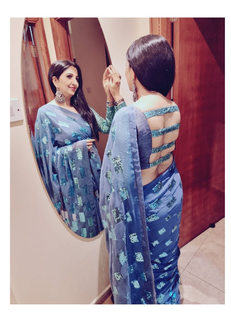 Grab Mantra - Grey Georgette Saree With Blue Sequence Work And Piping Finish Plus Unstitched Blouse - Image 1