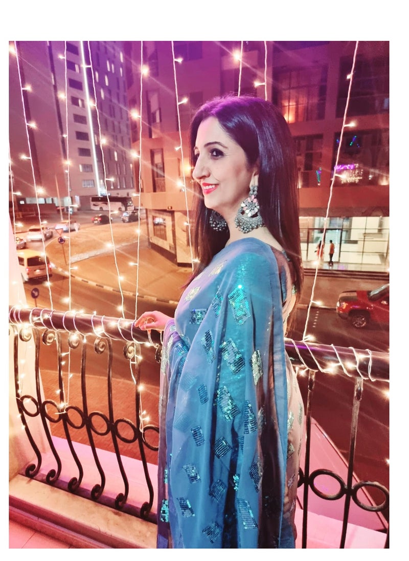 Grab Mantra - Grey Georgette Saree With Blue Sequence Work And Piping Finish Plus Unstitched Blouse - Image 1