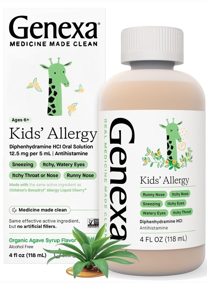 Genexa Kids' Allergy Medicine Liquid | Antihistamine Multi Symptom Childrens Allergy Medicine | Delicious Organic Agave Flavor | Certified Vegan, Gluten-Free & Non-GMO | 4 Fluid Ounces  - Image 1