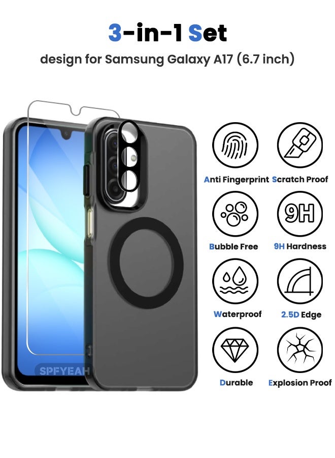 SPFYEAH [3-in-1] Samsung Galaxy A17 Case with HD Tempered Glass Screen Protector & Camera Lens Protector, [Anti-Drop Shockproof][Anti-Slip][No Yellowing][Skin Friendly] Slim Hard Frosted Case for Samsung Galaxy A17 6.7 inch, Black - Image 2