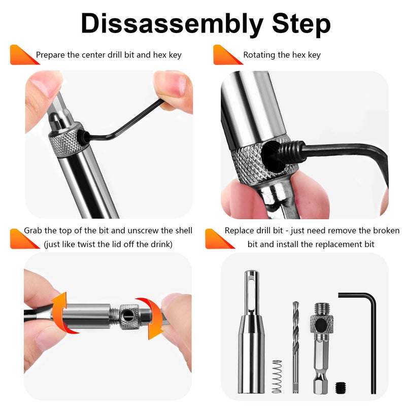 Werkzeug Self Centering Hinge Tapper Core Drill Bit Set for Woodworking, Adjustable Door Window Drill Bits with 1 Hex Key & 8 Replacement Drill Bits (5/64 - 1/4 Inches), 16 Pieces - Image 4