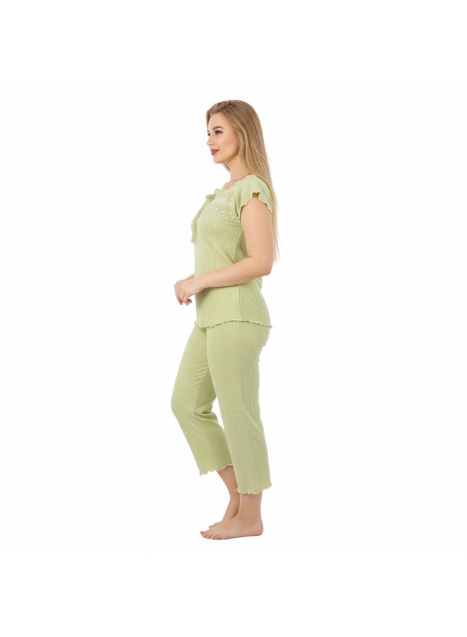زيكوتكس  بيجامة حريمي قطن ريب ناعم قطعتين - توب نص كم مطرز وبنطلون مريح - لون أخضر فاتح (Light Green) منعش. - Image 3
