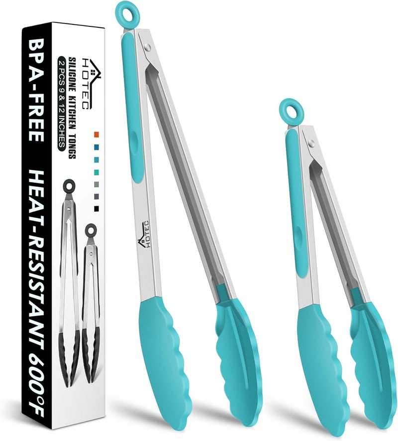 HOTEC Premium Stainless Steel Locking Kitchen Tongs with Silicon Tips, Set of 2-9" and 12", Blue - Image 1