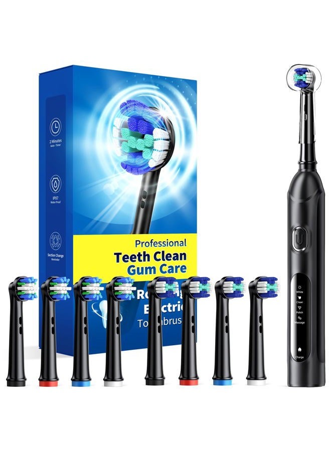 TEETHEORY Rotating Electric Toothbrush for Adults with 8 Brush Heads (2 Types), 4 Modes Deep Clean Electric Toothbrush with Rechargeable Power and 2 Min Smart Timer (1- Black, p1) - Image 1