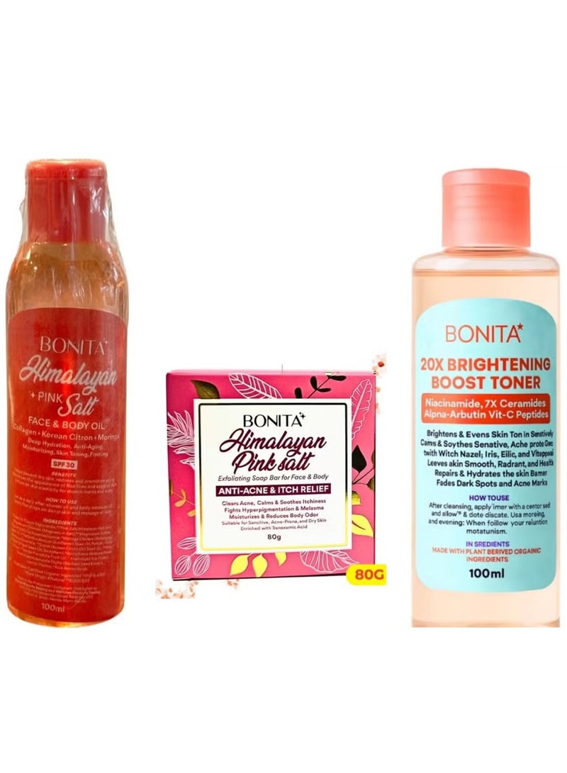 زيت ملح الهيمالايا الوردي للوجه والجسم بعامل حماية من الشمس 30 - 100 مل وصابون ملح الهيمالايا الوردي 80 جرام & تونر بونيتا 20X لتفتيح البشرة 100 مل
