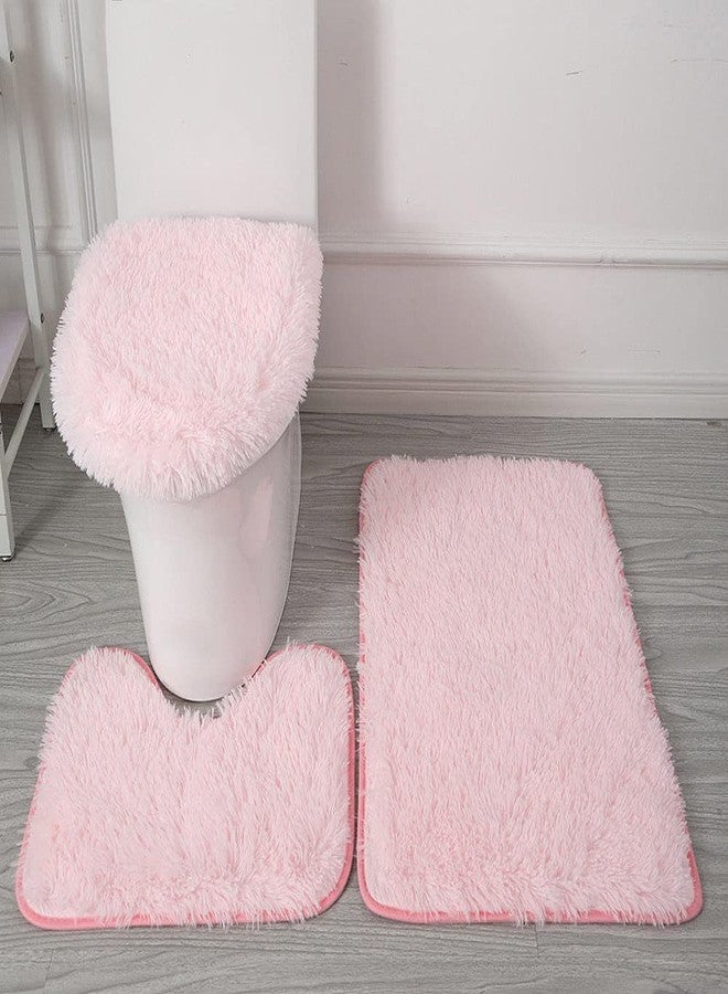 BXEBUI Microfiber Bathroom Rug Sets 3 Piece, Non Slip Contour Mat Toilet Lid Cover and Bath Rug Mats Shower Mats for Bathroom Tub Toilet (Pink) - Image 1