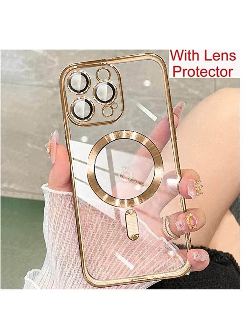 Gravity Magnetic Case for iPhone 14 Pro Max Case [Compatible with MagSafe] Camera Lens Protector Plating Luxury Cover for Women Men Clear Soft TPU Shockproof Protective Phone Case - Gold - Image 2