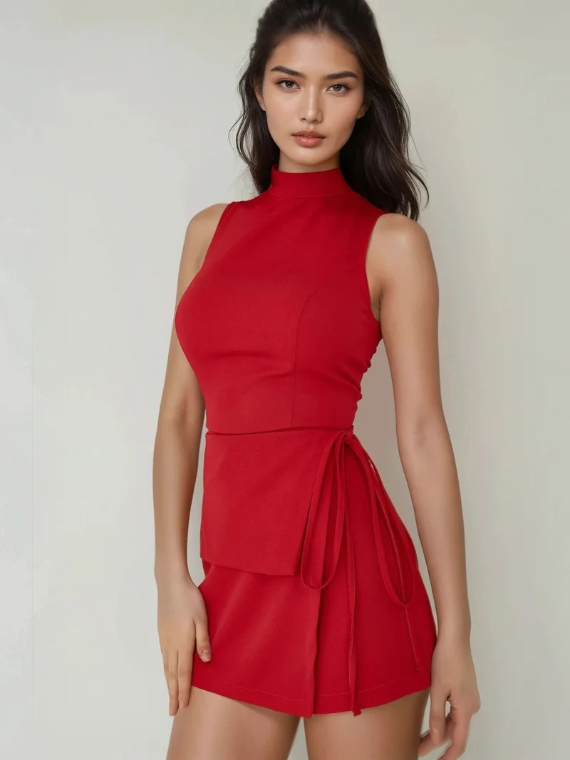 زوبعة فستان قصير ضيق بياقة دائرية وتفاصيل ربط