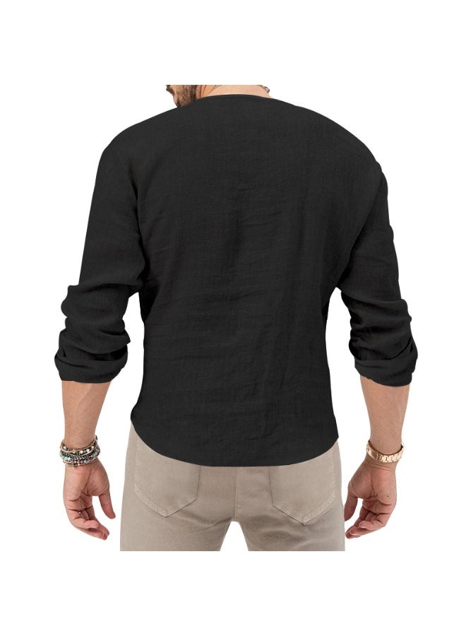 Men's Casual Long Sleeve T-Shirt Deep V-Neck Cotton Linen Spring Summer Autumn Solid Color Large Size Shirt for Men - Image 2