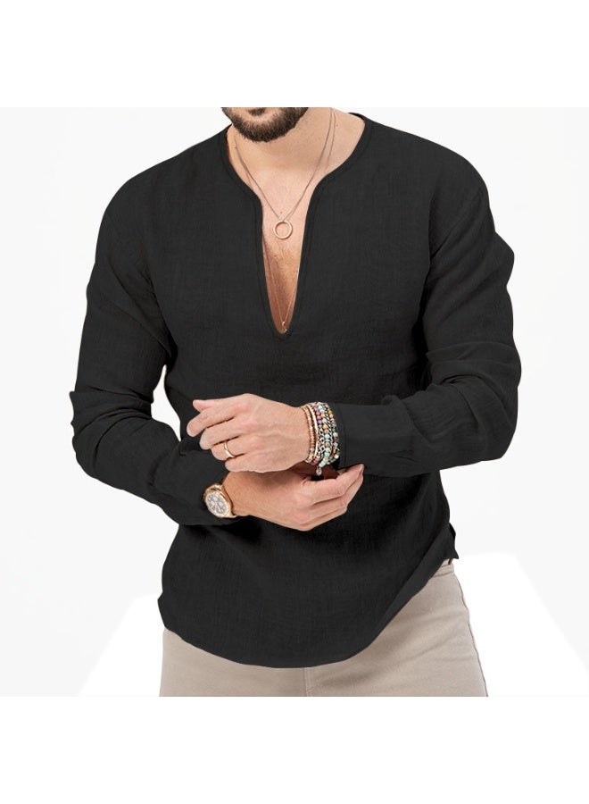 Men's Casual Long Sleeve T-Shirt Deep V-Neck Cotton Linen Spring Summer Autumn Solid Color Large Size Shirt for Men - Image 1