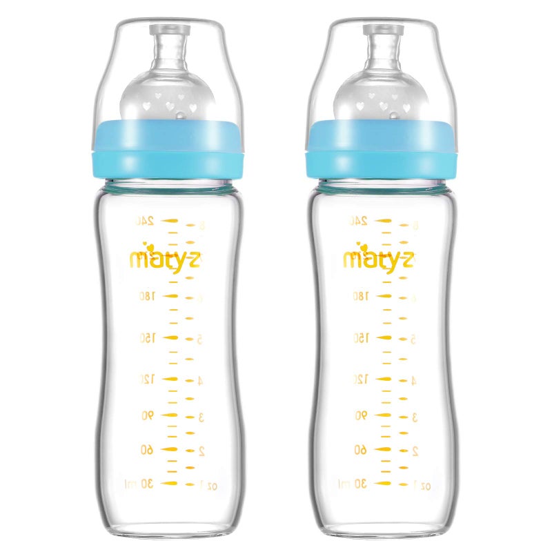 Matyz Glass Breastmilk Baby Feeding Bottle with Nipple, 2 Pack, 8 oz Slim and Light Bottle Easy to Hold, Food Grade Borosilicate Glass, Wide Neck Easy to Clean, No BPA (Blue Lids) - Image 1