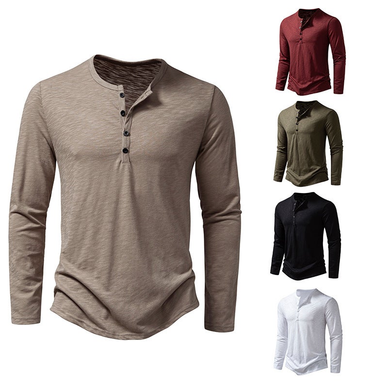 2023 Autumn New Men's slub cotton henley collar long-sleeved T-shirt fashion casual long-sleeved bottoming shirt - Image 2