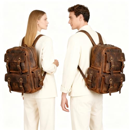 Handadsume Water Resistant Canvas + Leather Large Travel Back-pack Rucksack Knapsack Laptop Bag For Men FB1170 (X-9950-Army Green) - Image 3