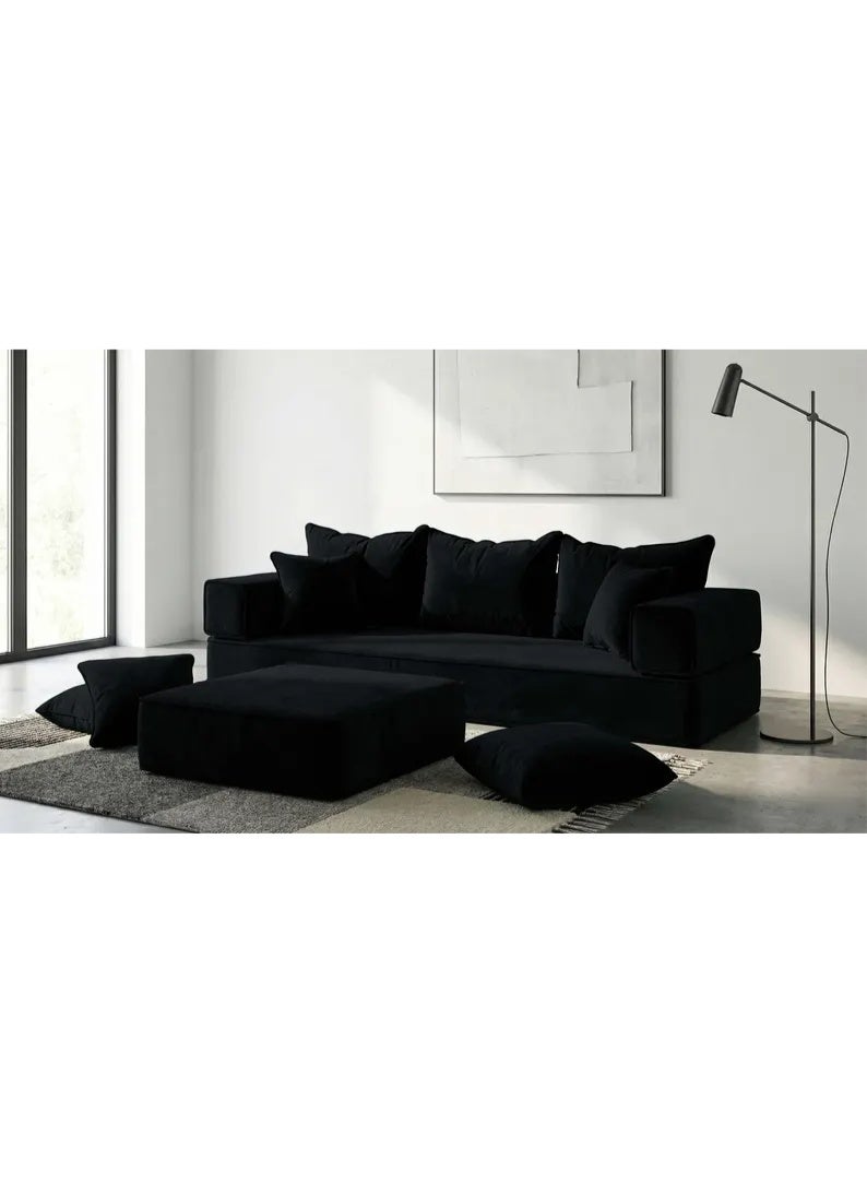 Xboat Elegant modular floor sofa set featuring black cushioned seating with matching floor pillows and ottoman. Designed in a low-profile majlis style, this modern floor seating set is ideal for living rooms and lounges, offering comfortable support, flexible arrangement, and a sleek contemporary look. - Image 3