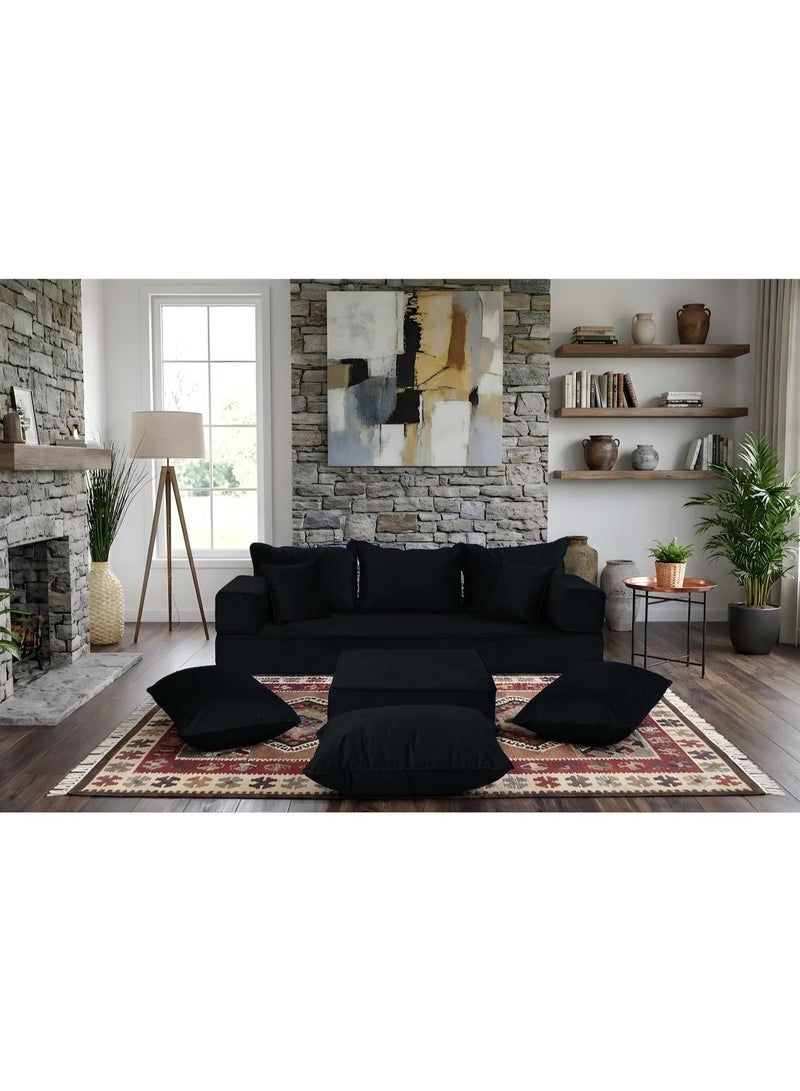Xboat Elegant modular floor sofa set featuring black cushioned seating with matching floor pillows and ottoman. Designed in a low-profile majlis style, this modern floor seating set is ideal for living rooms and lounges, offering comfortable support, flexible arrangement, and a sleek contemporary look. - Image 4