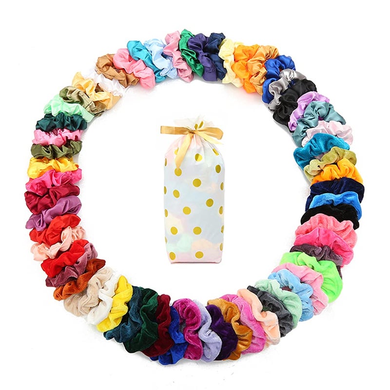 Yanwenx 60 Pcs Soft Velvet and Satin Scrunchies for Girls and Women - Silk Elastic Hair Ties and Accessories With Gift Bag - Image 1