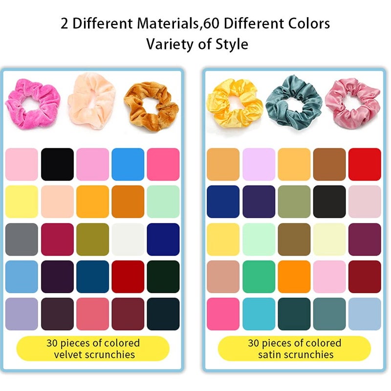 Yanwenx 60 Pcs Soft Velvet and Satin Scrunchies for Girls and Women - Silk Elastic Hair Ties and Accessories With Gift Bag - Image 3