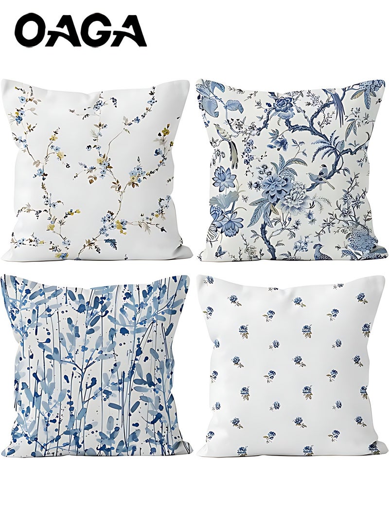 OAGA OAGA Pillow Covers Set of 4, Throw Pillow Cover, Short Plush Cushion Cover, Blue Flower Decorative Pillow Case 45cm x 45cm, For Living Room Sofa Couch Bed Pillowcases 18x18 inches（Double sided pattern） - Image 1