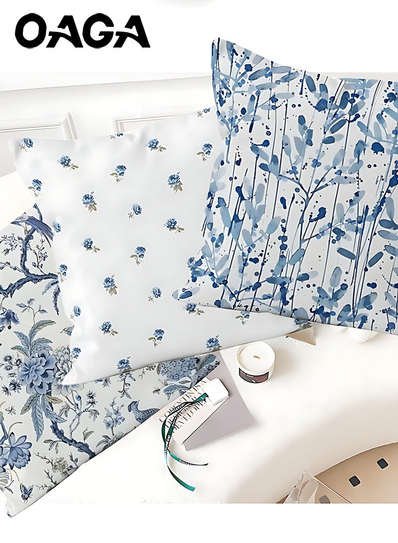 OAGA OAGA Pillow Covers Set of 4, Throw Pillow Cover, Short Plush Cushion Cover, Blue Flower Decorative Pillow Case 45cm x 45cm, For Living Room Sofa Couch Bed Pillowcases 18x18 inches（Double sided pattern） - Image 4